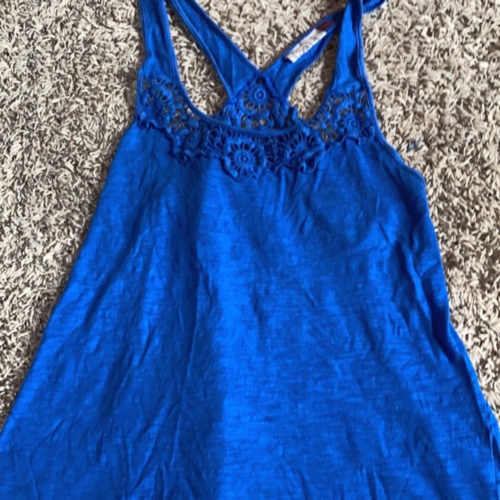 blue cross back tank with lacy accents